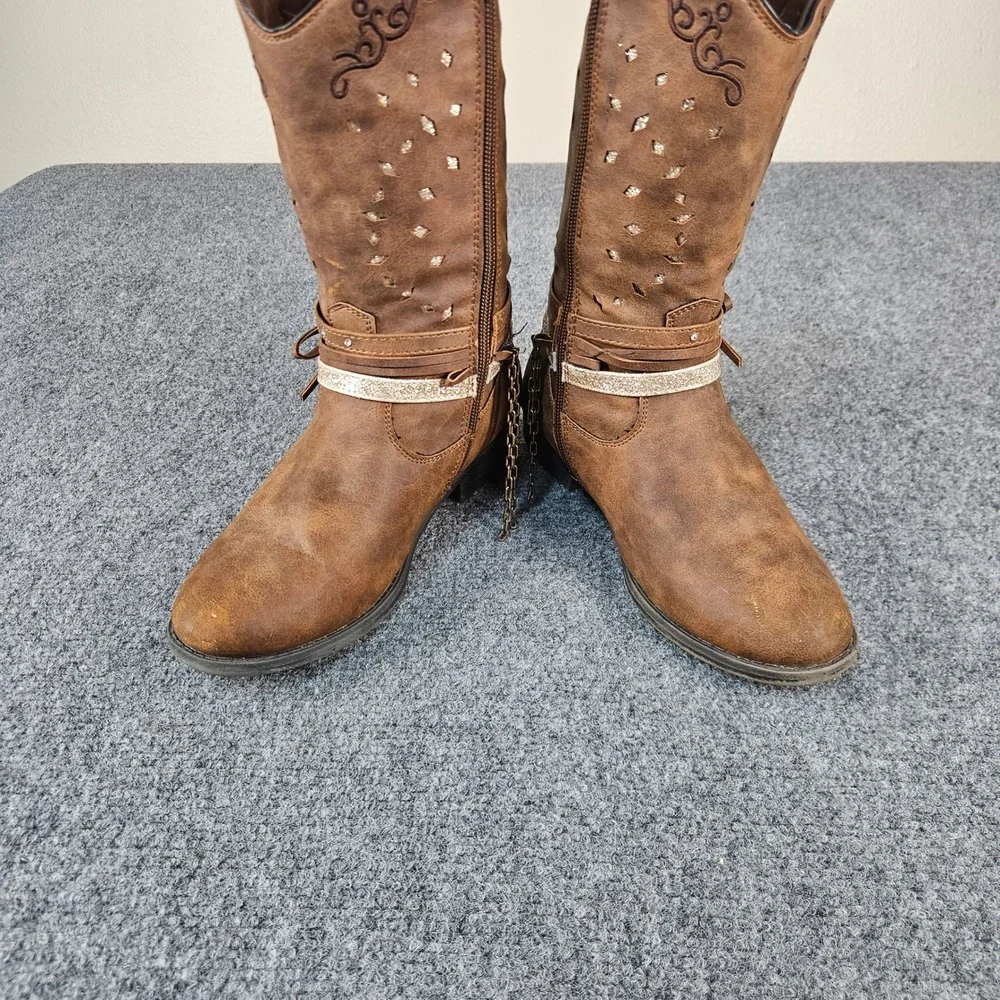 Rodeo Roper Bozeman Kids Brown Western Cowboy Boots Size 4M Glitter Chain Detail